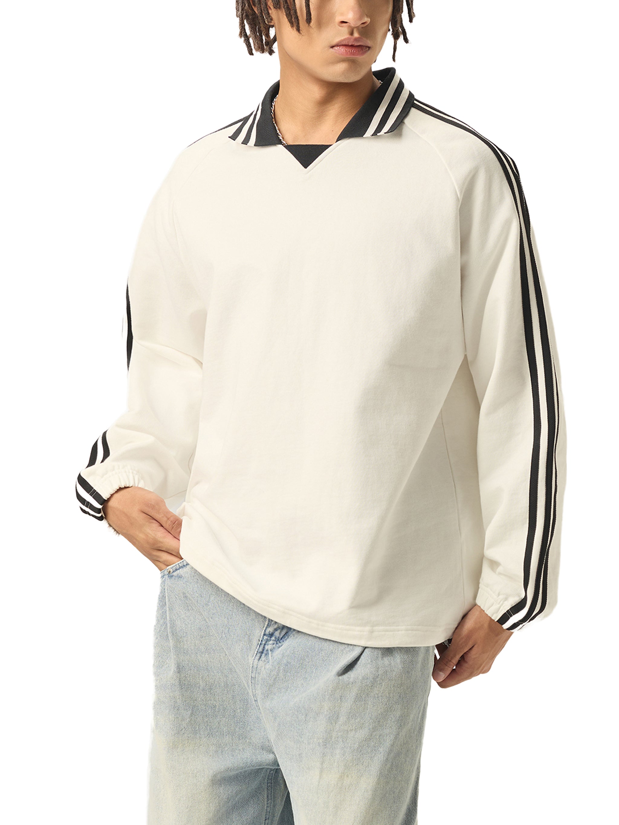 Mira Contrast Striped Lapel Collar Sweatshirt