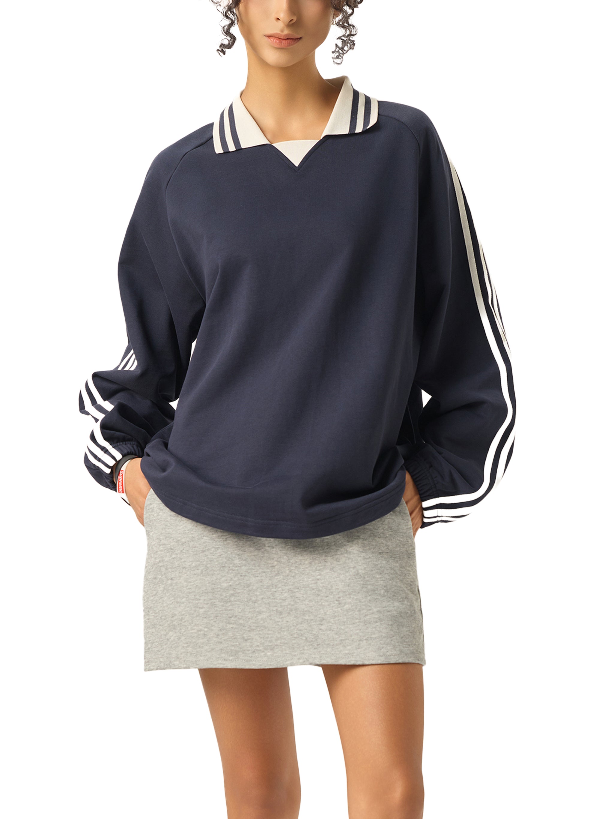 Mira Contrast Striped Lapel Collar Sweatshirt