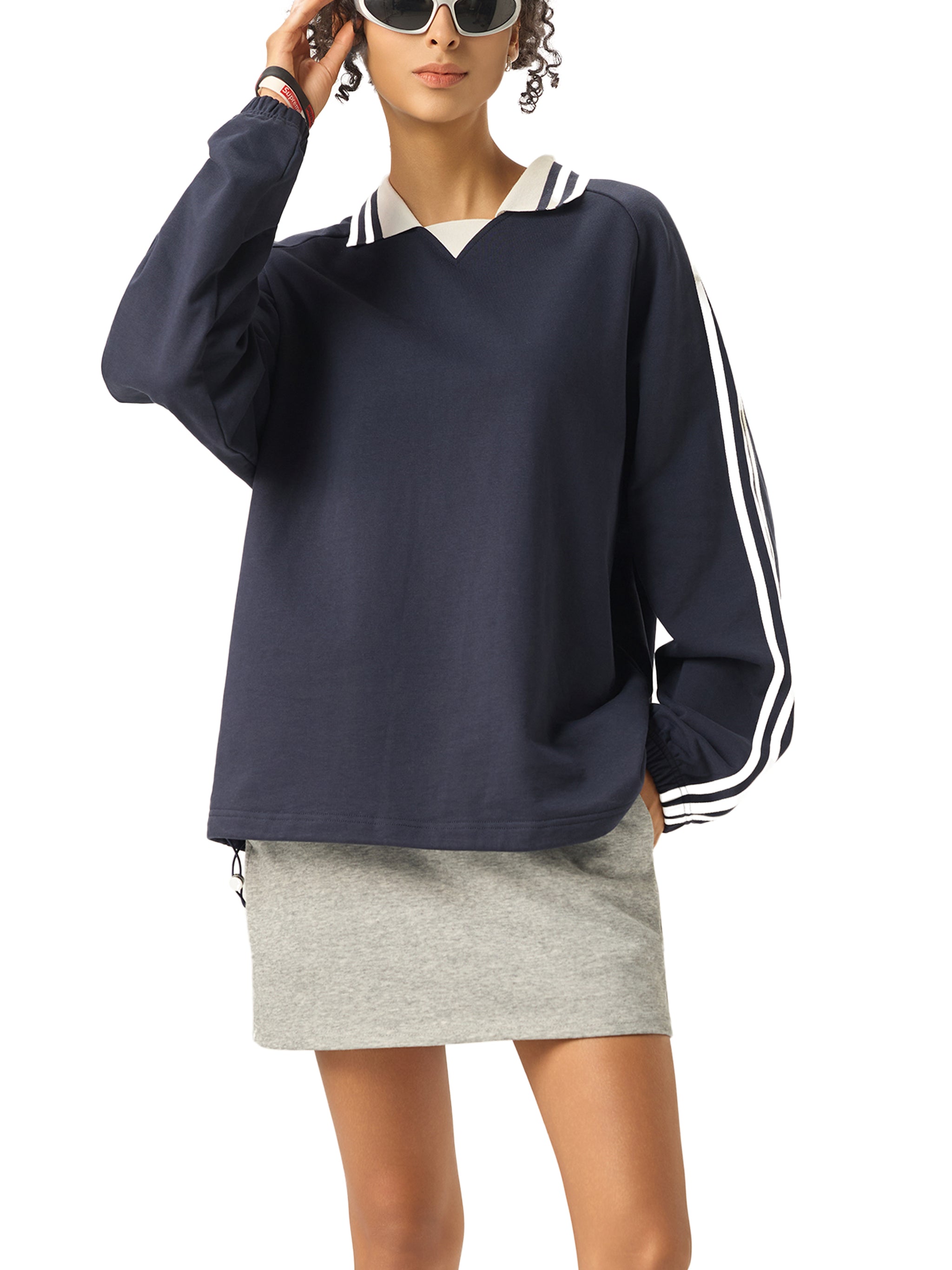Mira Contrast Striped Lapel Collar Sweatshirt