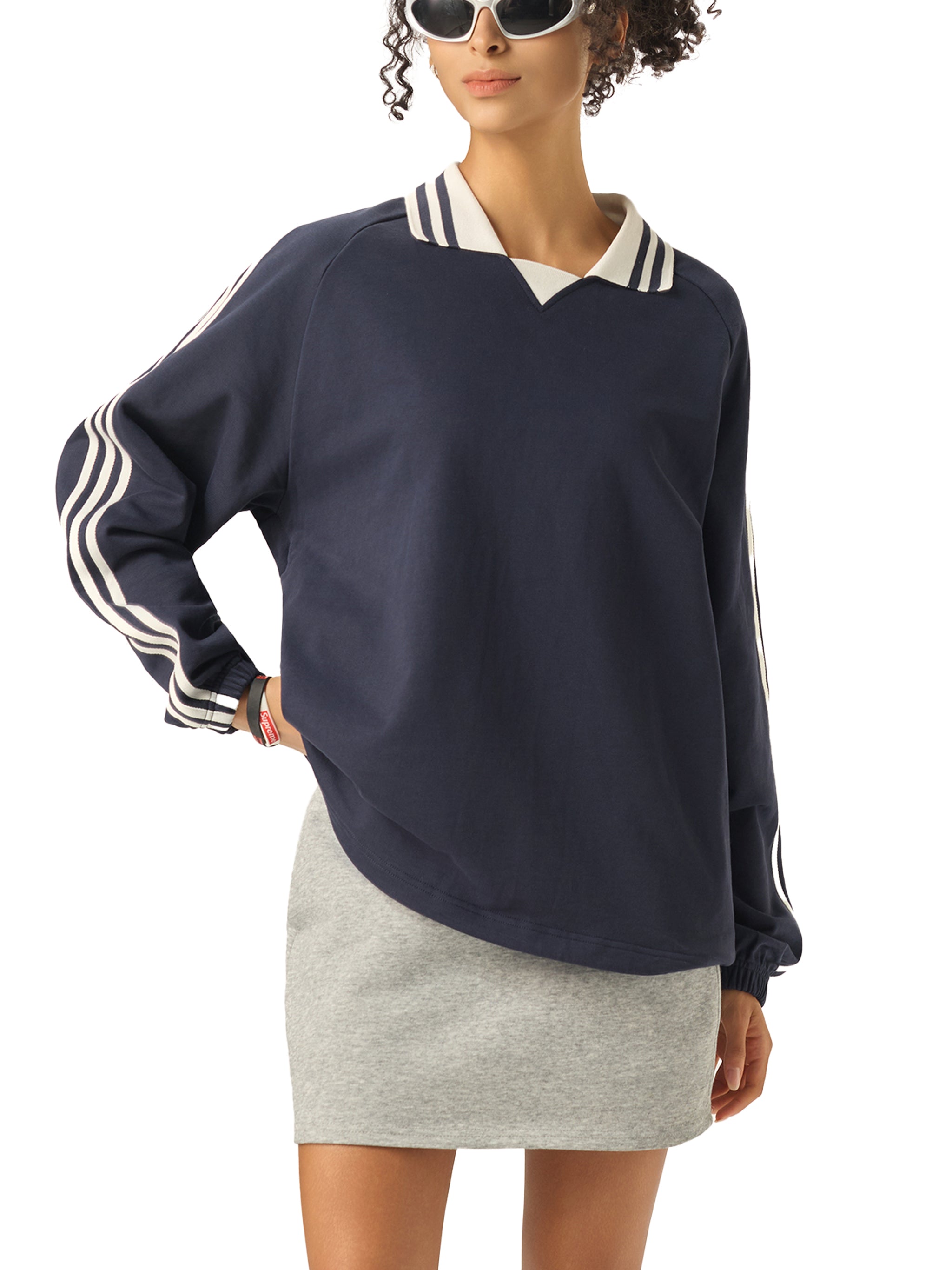 Mira Contrast Striped Lapel Collar Sweatshirt
