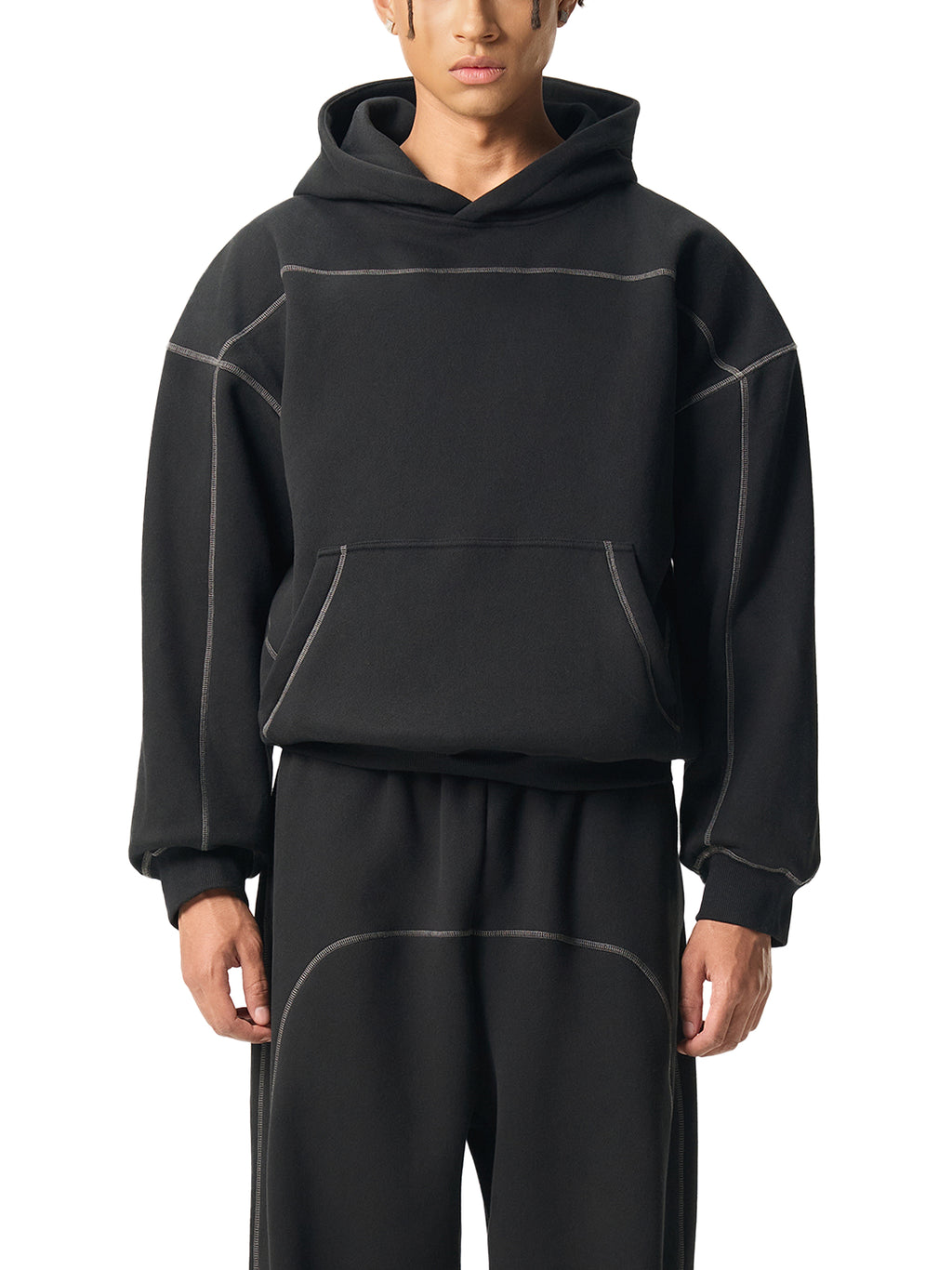 Mira Contrast-Stitched Boxy Fleece Hoodie